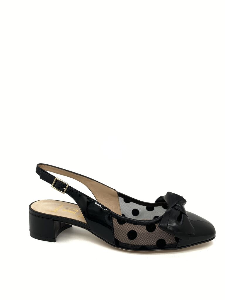 Black Patent Slingback Heels with Polka Dot Mesh