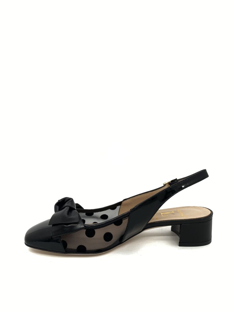 Black Patent Slingback Heels with Polka Dot Mesh