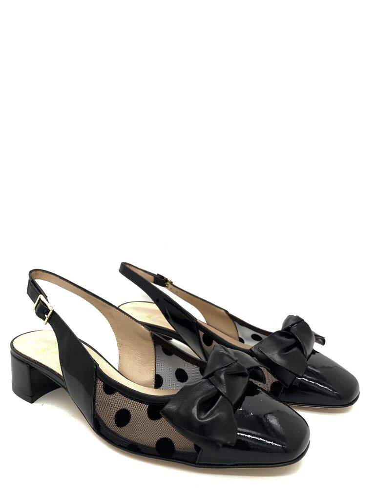 Black Patent Slingback Heels with Polka Dot Mesh