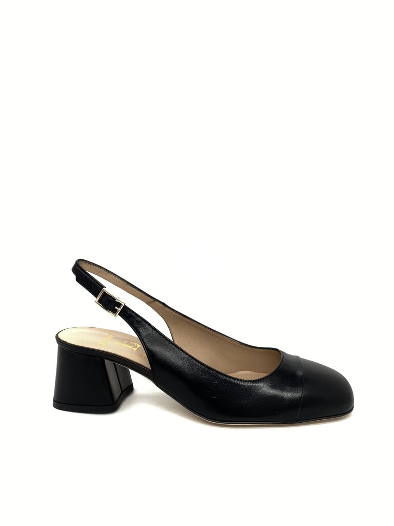 Black Leather Slingback Block Heel Shoe