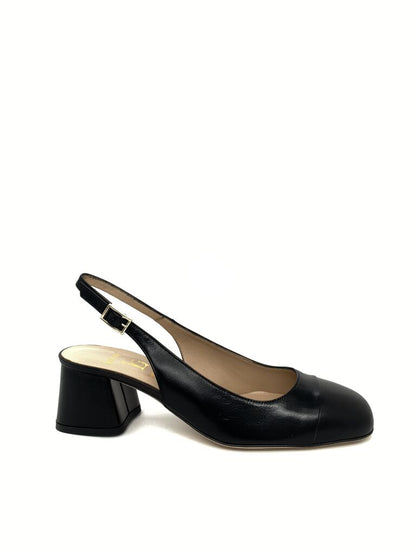 Black Leather Slingback Block Heel Shoe
