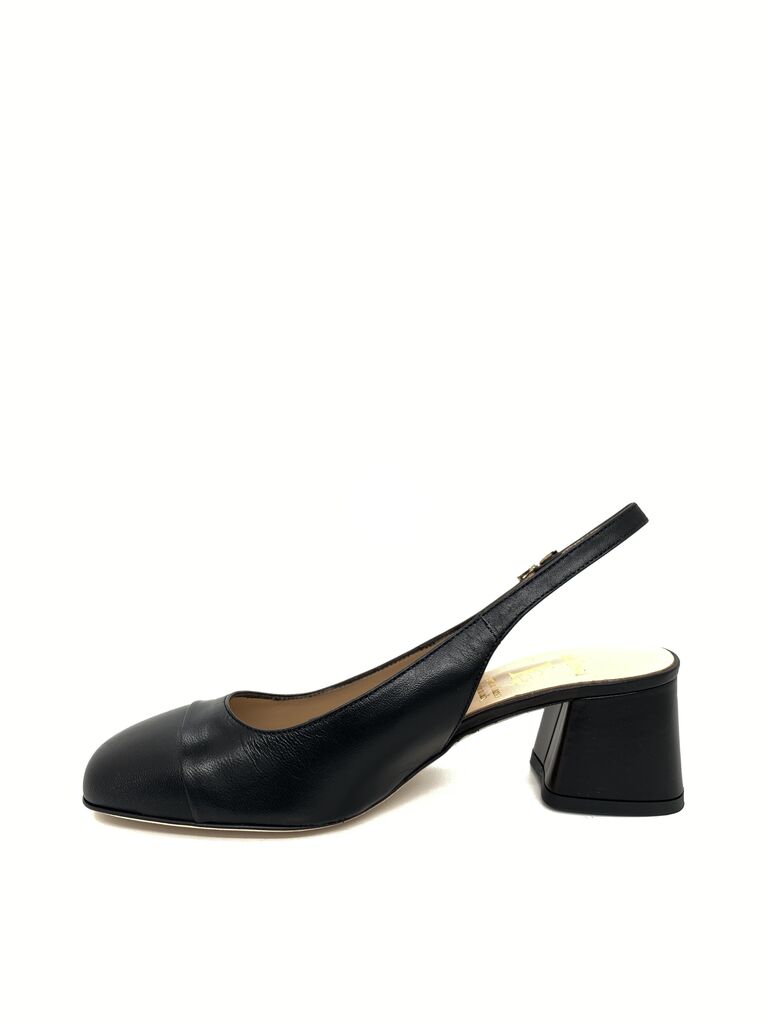 Black Leather Slingback Block Heel Shoe