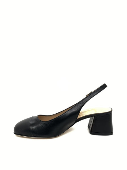 Black Leather Slingback Block Heel Shoe