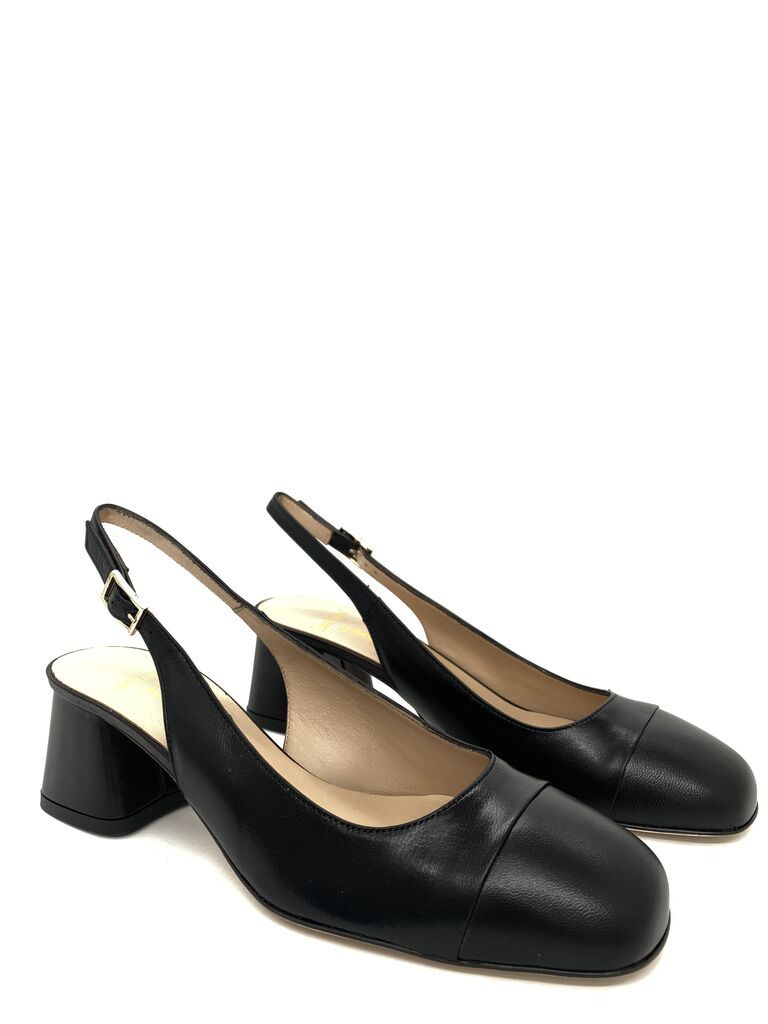 Black Leather Slingback Block Heel Shoe
