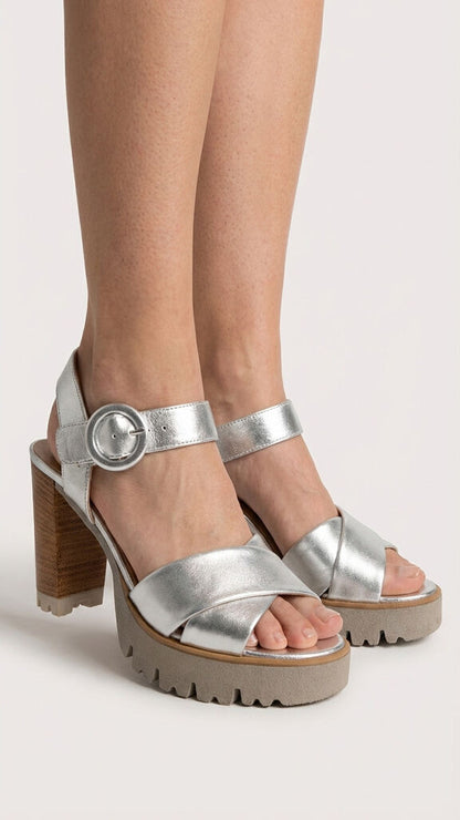 Silver Metallic Platform Sandal with Chunky Heel