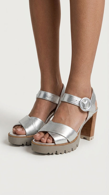 Silver Metallic Platform Sandal with Chunky Heel