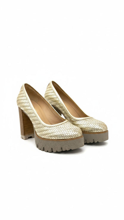 Metallic Woven Platform Heel with Chunky Sole