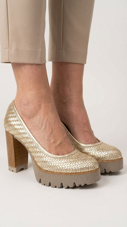 Metallic Woven Platform Heel with Chunky Sole