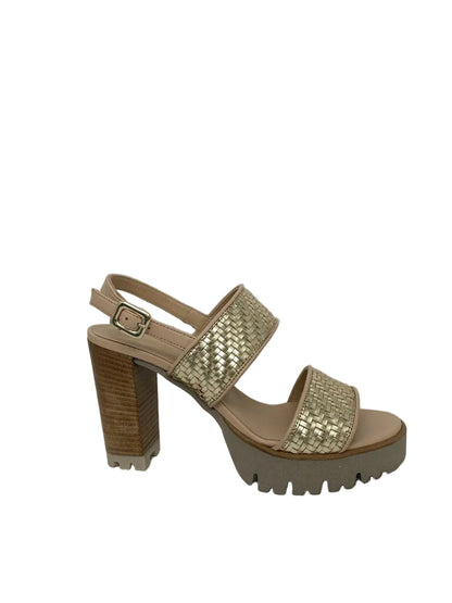 Gold Woven Platform Sandals with Block Heel