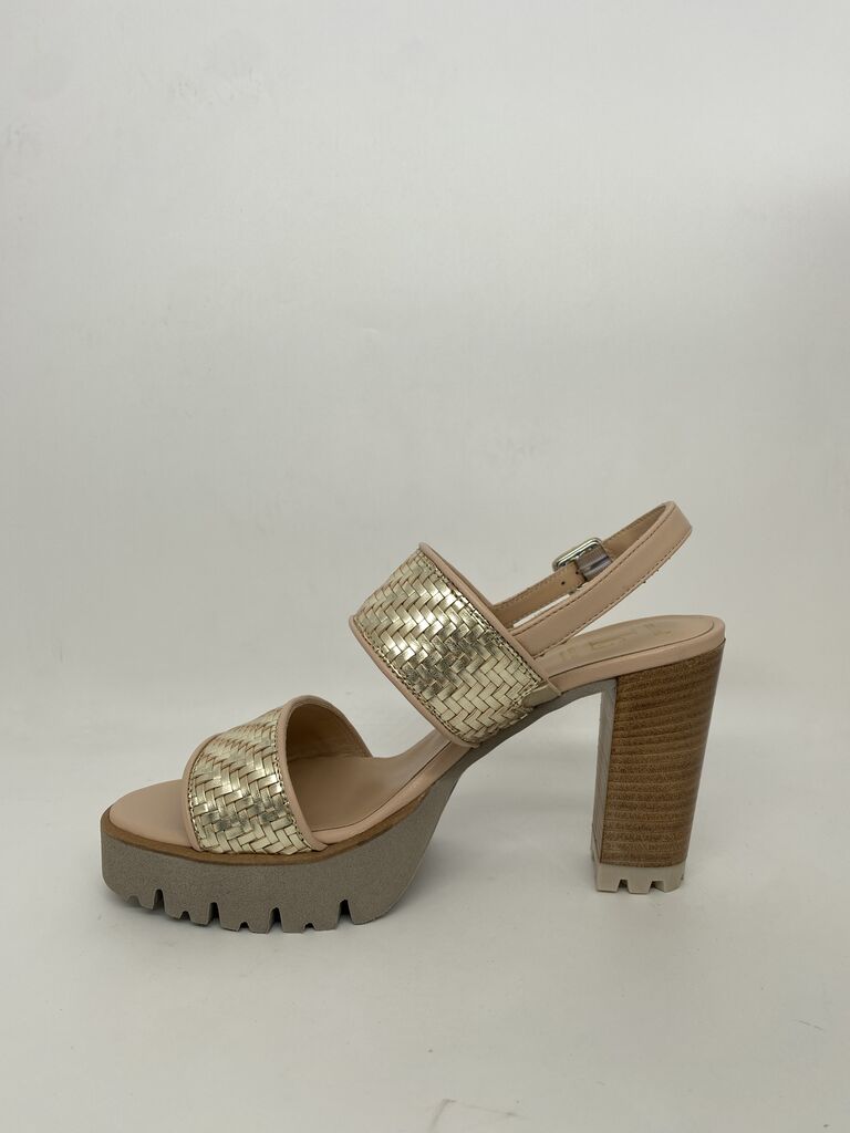 Gold Woven Platform Sandals with Block Heel