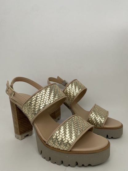 Gold Woven Platform Sandals with Block Heel