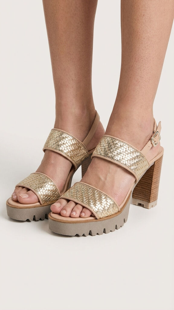 Gold Woven Platform Sandals with Block Heel
