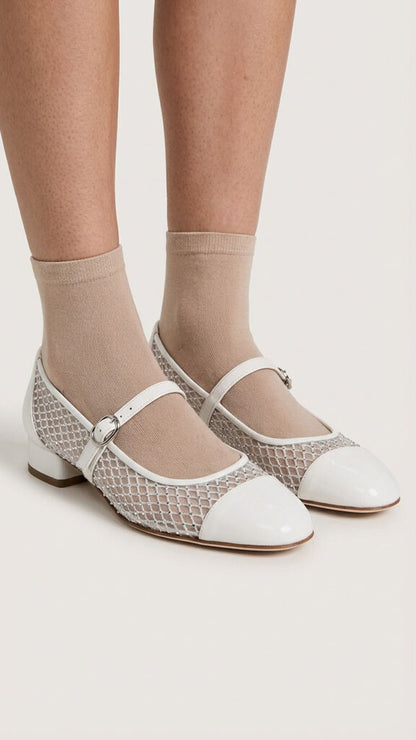 White Mesh Mary Jane with Buckle Detail