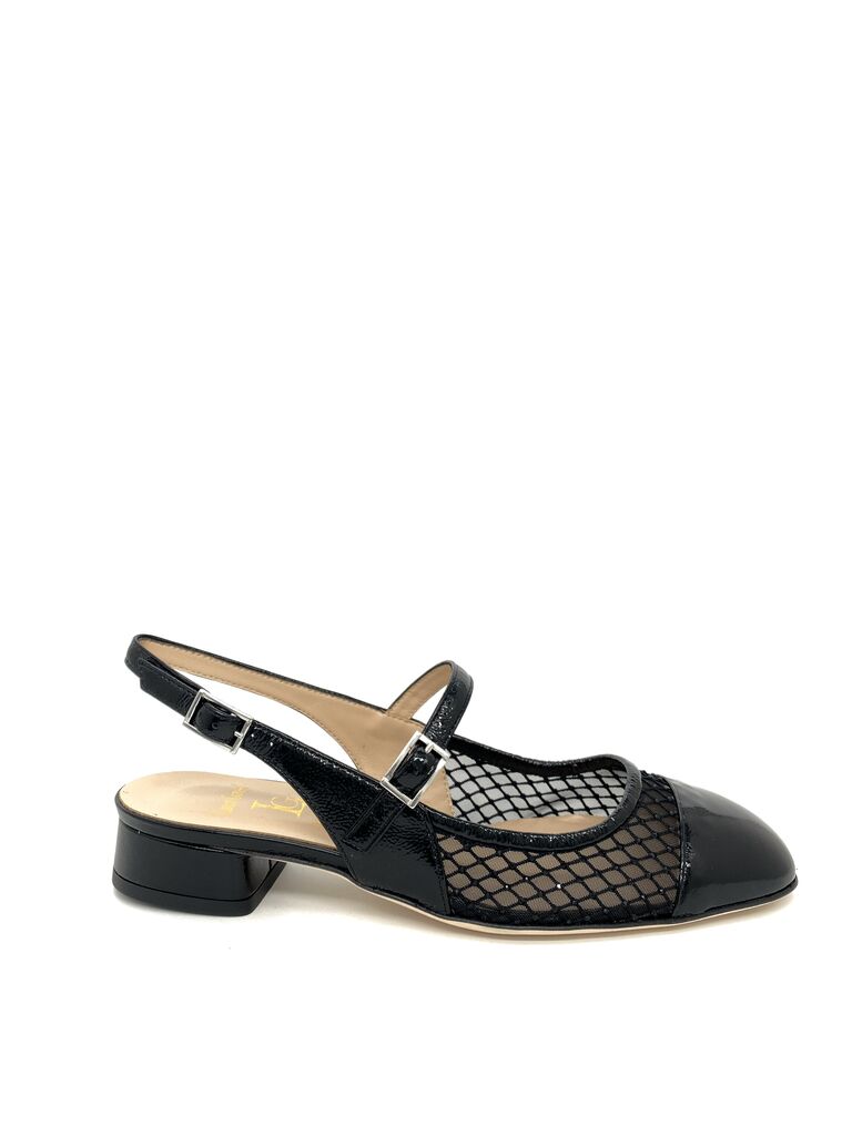 Black Patent Mesh Slingback Low Heel