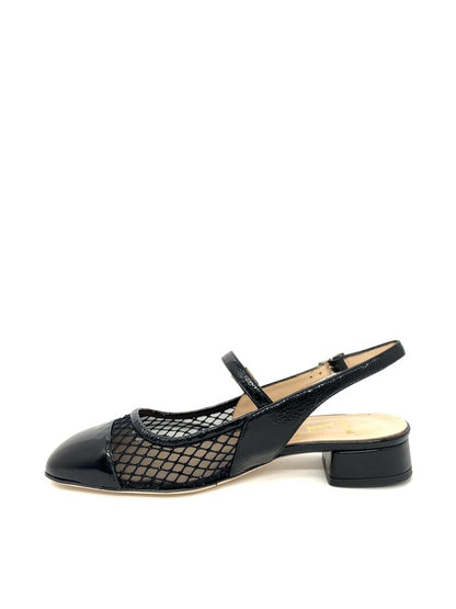 Black Patent Mesh Slingback Low Heel