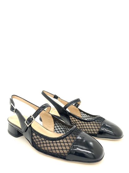 Black Patent Mesh Slingback Low Heel
