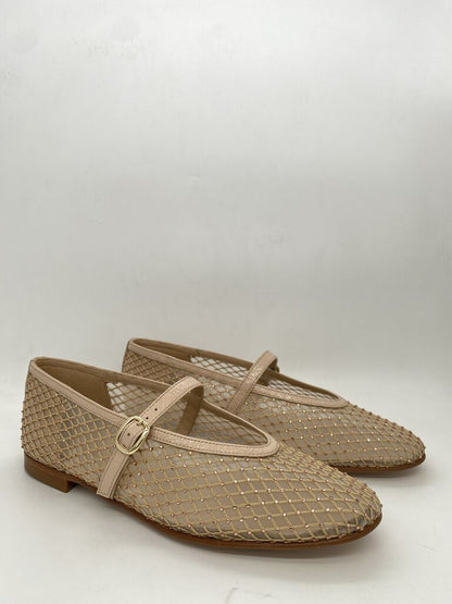 Beige Mesh Mary Jane Flats with Buckle Strap