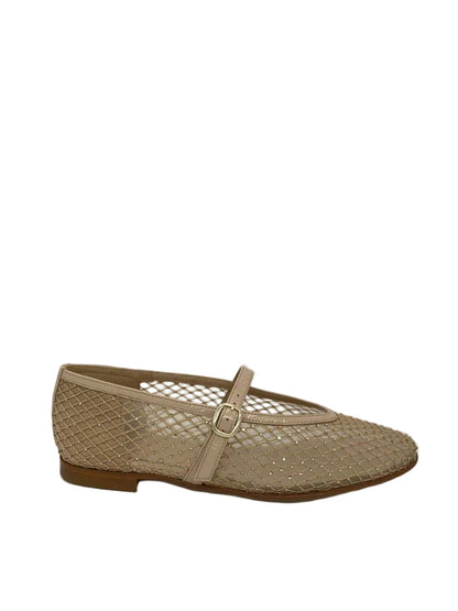 Beige Mesh Mary Jane Flats with Buckle Strap
