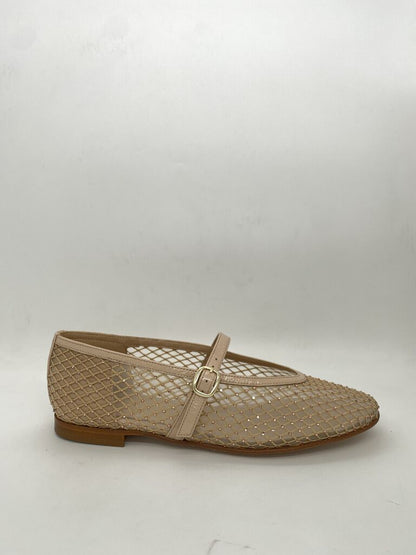 Beige Mesh Mary Jane Flats with Buckle Strap