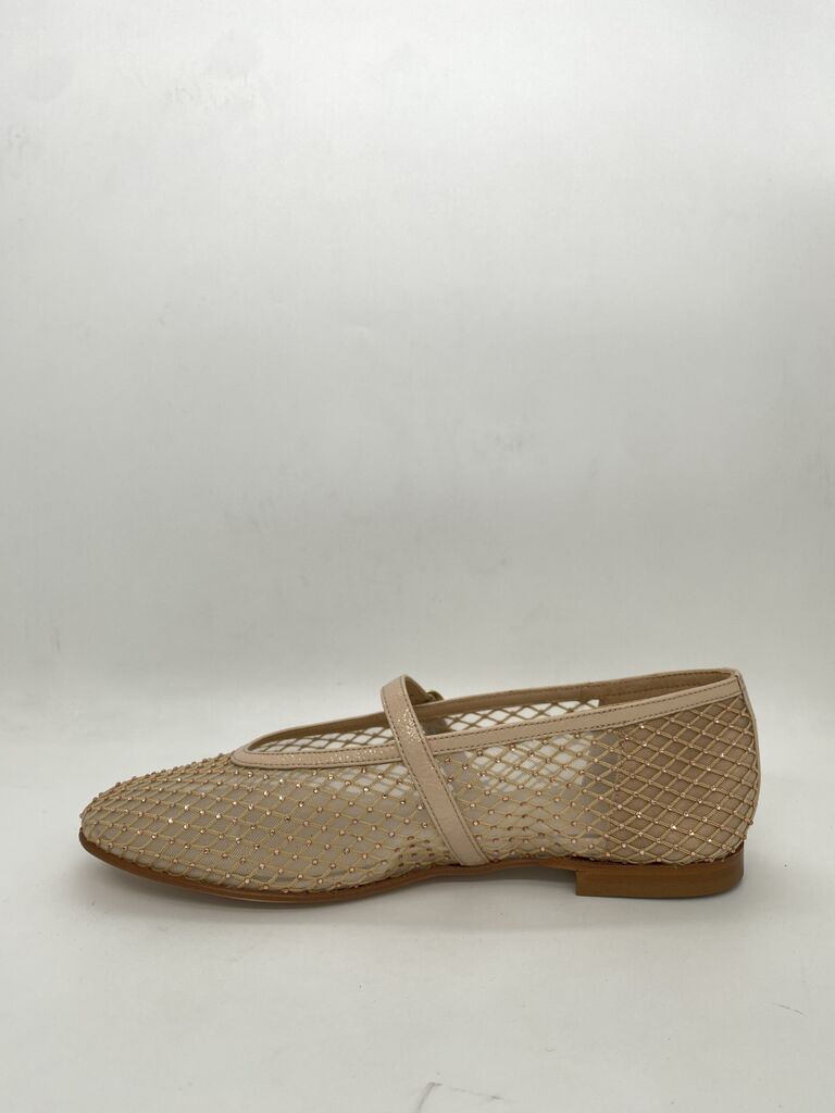 Beige Mesh Mary Jane Flats with Buckle Strap