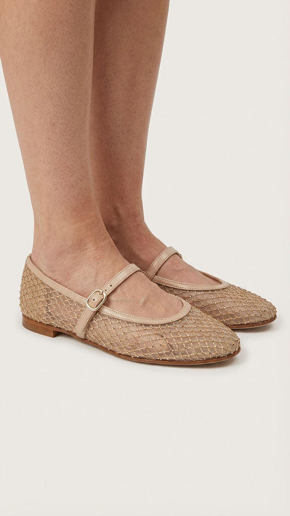 Beige Mesh Mary Jane Flats with Buckle Strap