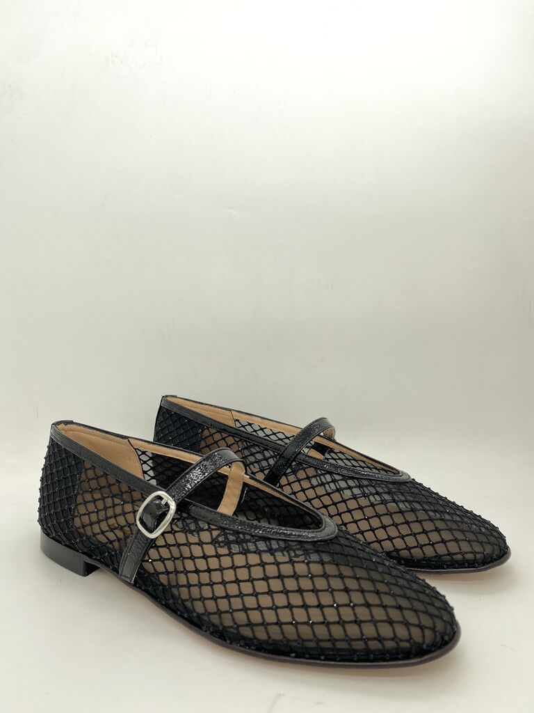 Black Mesh Mary Jane Flat with Buckle