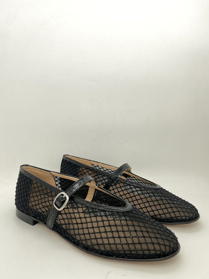 Black Mesh Mary Jane Flat with Buckle