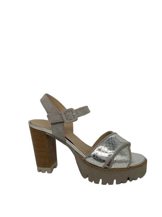 Silver Textured Block Heel Sandal with Strap