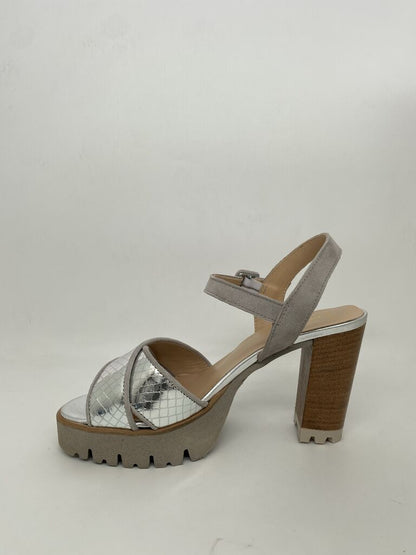 Silver Textured Block Heel Sandal with Strap
