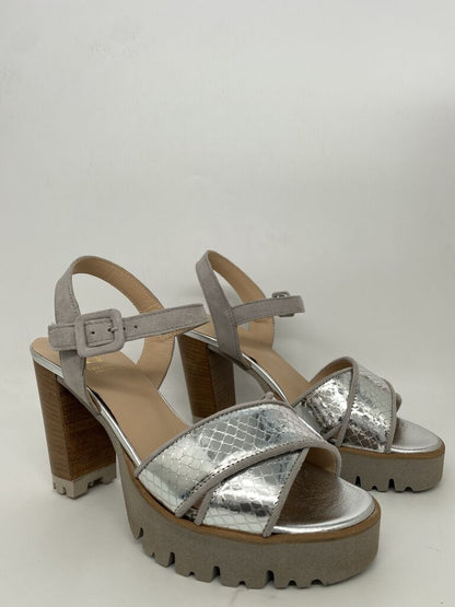 Silver Textured Block Heel Sandal with Strap