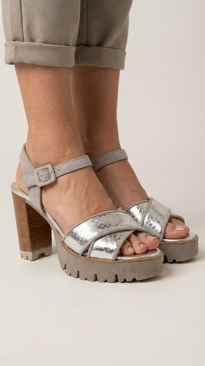 Silver Textured Block Heel Sandal with Strap