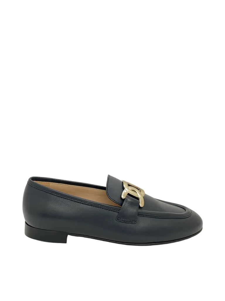 Navy Leather Loafer with Gold Accent