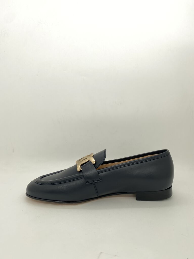 Navy Leather Loafer with Gold Accent