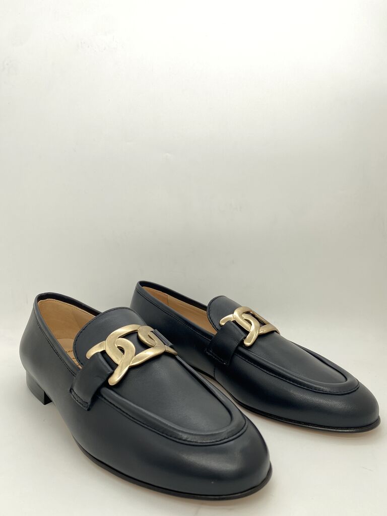 Navy Leather Loafer with Gold Accent