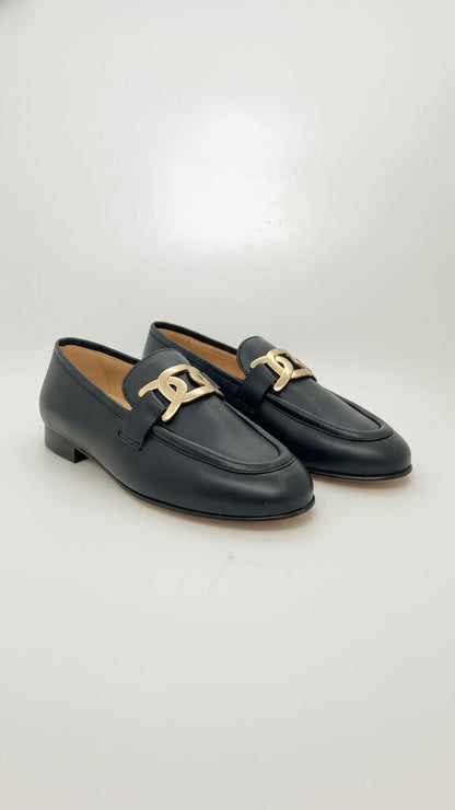 Navy Leather Loafer with Gold Accent