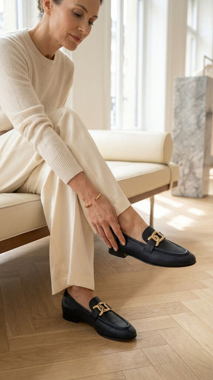 Navy Leather Loafer with Gold Accent