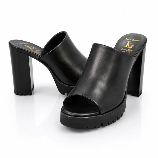 Heeled Mule Open-Toe Nappa NERO