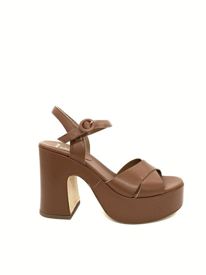 Brown Faux Leather Platform Sandals with Block Heel