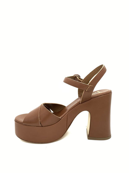 Brown Faux Leather Platform Sandals with Block Heel