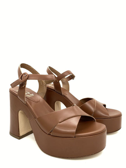 Brown Faux Leather Platform Sandals with Block Heel