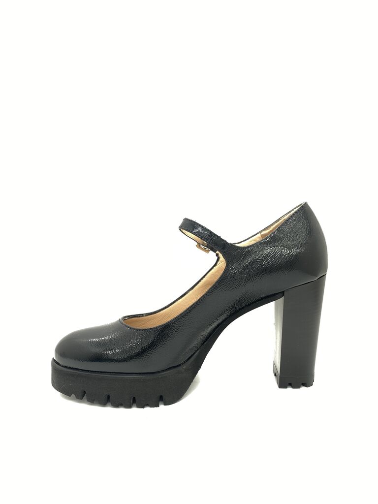 Black Textured Mary Jane Platform Heels