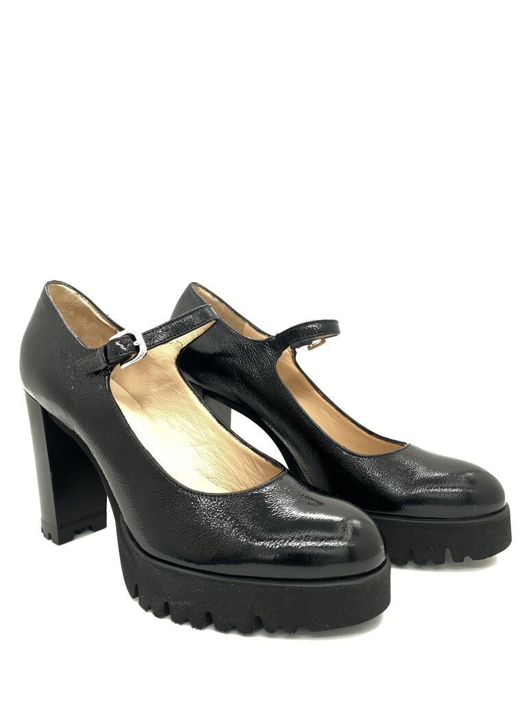 Black Textured Mary Jane Platform Heels