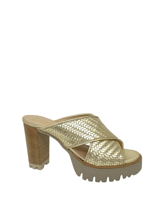 Gold Woven Platform Sandal with Chunky Heel