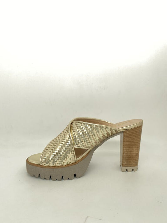 Gold Woven Platform Sandal with Chunky Heel