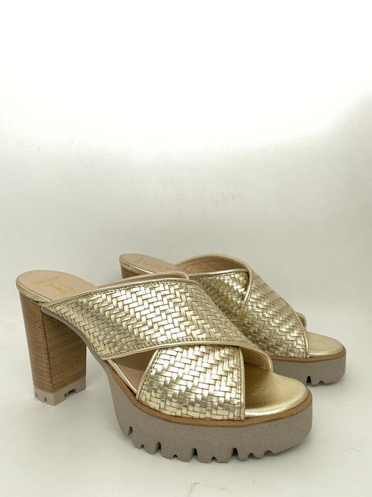 Gold Woven Platform Sandal with Chunky Heel
