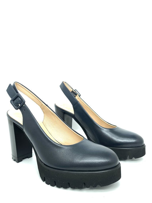 Black Platform Slingback Chunky Heels with Buckle