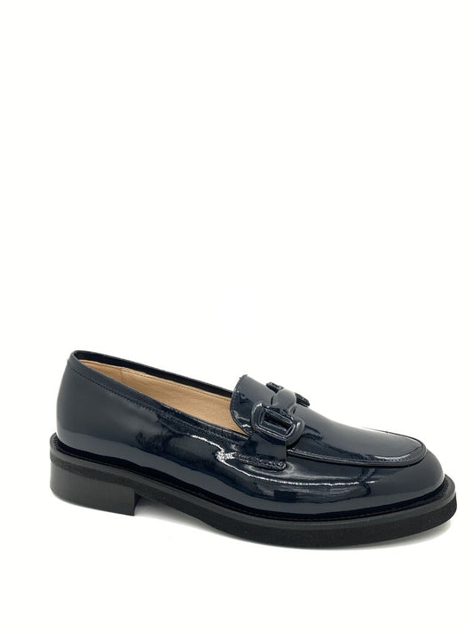 Navy Patent Loafers with Buckle Detail