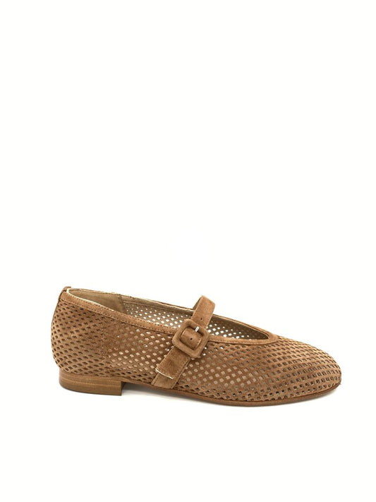 Brown Perforated Suede Flats with Adjustable Strap