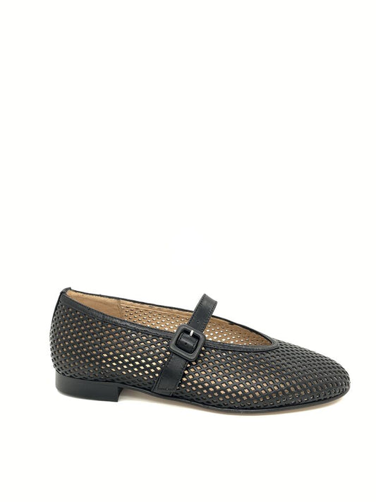 Black Perforated Ballet Flat with Buckle Strap