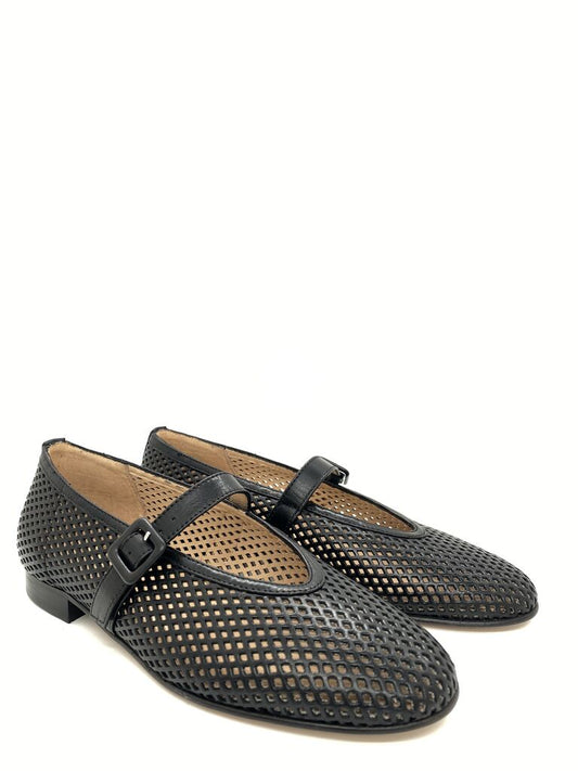 Black Perforated Ballet Flat with Buckle Strap